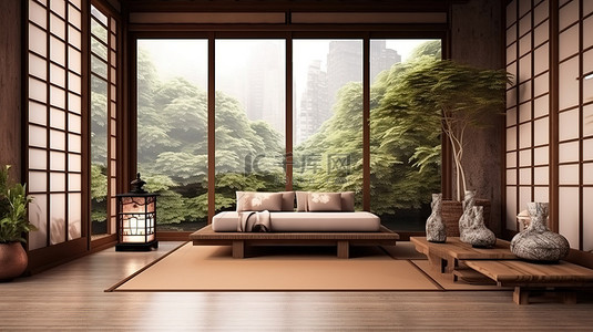 简约的日本酒店内饰宁静的 3D 渲染休闲空间，可欣赏优美的自然景观