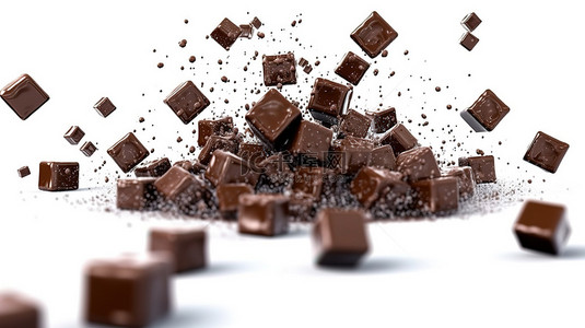 巧克力立方体落在白色背景上的特写的 3D 插图
