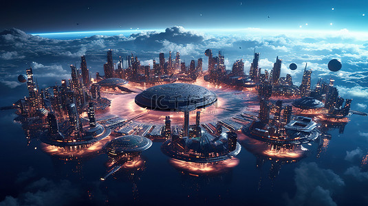 3D 未来水星球城市景观的鸟瞰图