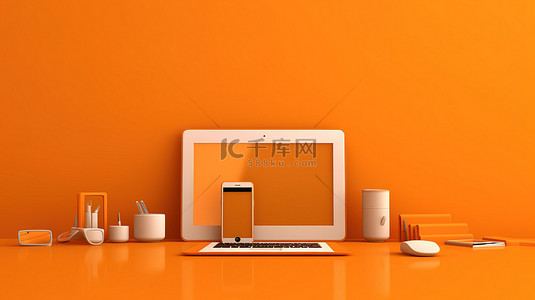 橙色桌面背景与数字平板电脑和手机横幅方向 3D 渲染