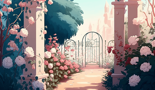 花园玫瑰花粉色花朵复古花卉装饰画插图卡通风景