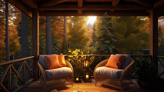 户外别墅背景图片_小屋环境中宁静的户外休息室的 3D 插图