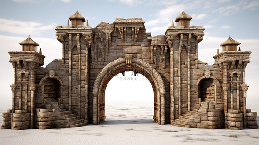 中世纪木制城堡大门的 3D 渲染打开