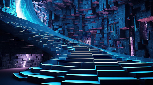 科幻设计背景图片_未来派楼梯 3D 渲染科幻设计