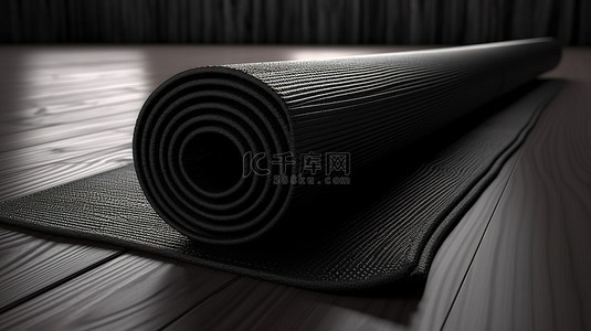 3d 渲染中带黑色瑜伽垫的木地板