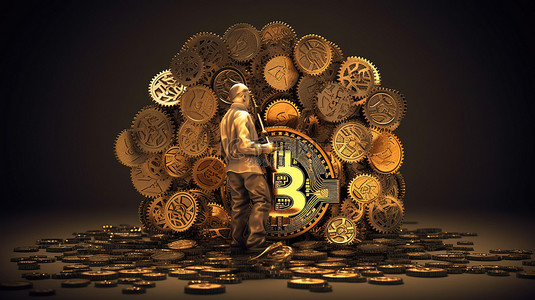 股市符号背景图片_带有齿轮和比特币符号的计算机中包含的加密货币的 3D 插图