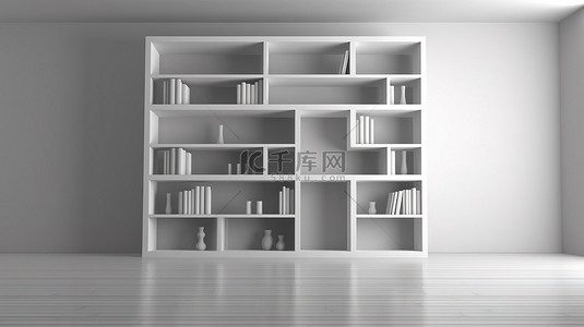 简约 3D 房间中的现代白色书架