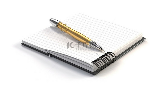 空白页日记或计划表，配有白色背景上 3D 呈现的笔