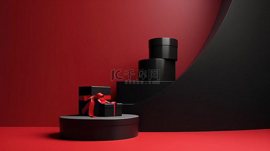 节日大礼盒背景图片_极简主义圣诞新年销售活动 3d 渲染红色讲台和黑色礼盒在干净的背景
