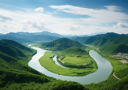 全景观测站背景图片_河流的鸟瞰图，周围是绿色的山谷