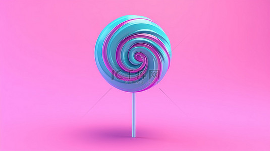双色圆圈背景图片_粉红色背景，带有双色调蓝色漩涡棒棒糖的 3D 渲染