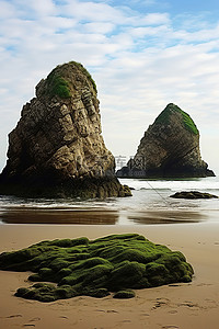一个大石头素材背景图片_海滩上的两块大石头充满了水和海藻