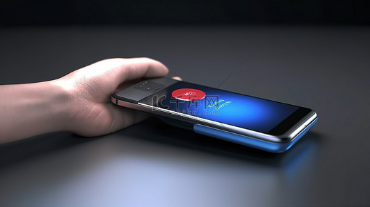 用手和电话进行 NFC 支付交易的 3D 渲染插图