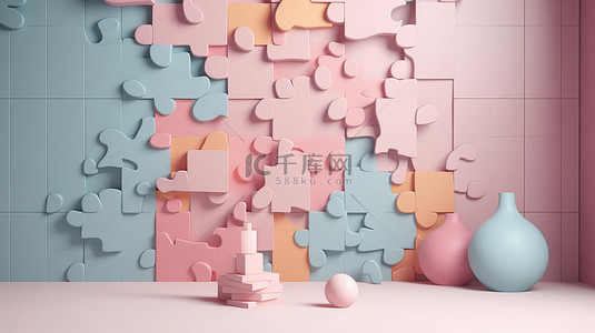 游戏元素背景背景图片_柔和的彩色 3D 拼图墙，带有粉红色色调和不对称元素背景 3D 渲染
