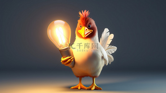 一只抓着灯泡的滑稽 3d 母鸡