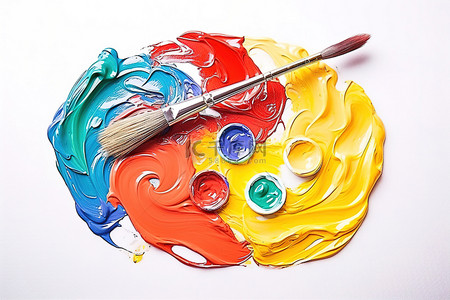 一个调色板，上面有彩色颜料和一把画笔
