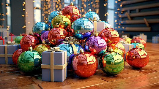 物品登记表背景图片_节日闪闪发光的装饰品装饰着彩色 3D 渲染的圣诞树