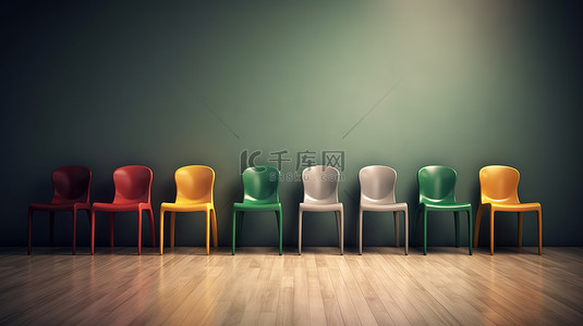 企业领导力招聘 3D 渲染一排带有非常规座椅的椅子