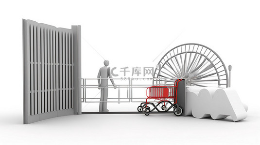 3D 购物车角色站在十字转门入口处，白色背景上呈现箭头标志