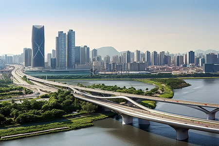 双子桥背景图片_透过水面上的一座窄桥可以看到城市的天际线