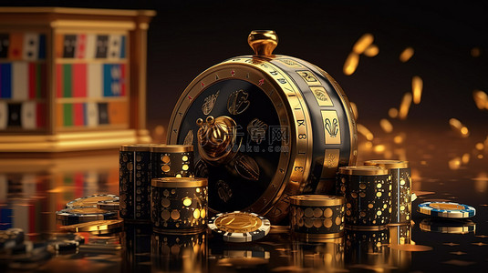 纸牌设计元素背景图片_带有金色口音的赌场元素玩牌皇冠骰子老虎机和轮盘赌在 3D 渲染插图中