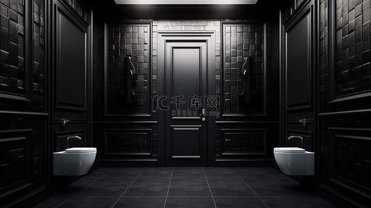 时尚卫生间背景图片_时尚的黑色卫生间门搭配令人惊叹的 3D 墙设计，非常适合您的下一个项目