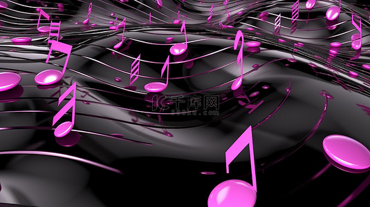 黑色乐谱上的粉色卡通音符简单的 3D 设计