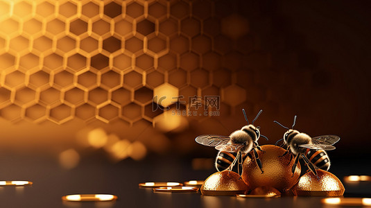 空基座，带有金色蜂窝和忙碌的蜜蜂，用于产品展示 3D 渲染