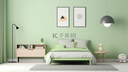 家书桌背景图片_绿色当代青少年房间的 3D 渲染，墙壁上装饰着床和书桌样机海报