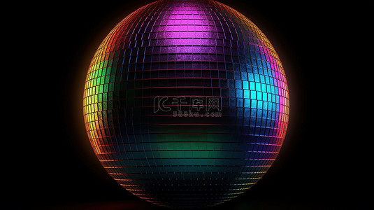 充满活力的迪斯科球以 3d 呈现，带有霓虹色闪光和黑色隔离背景