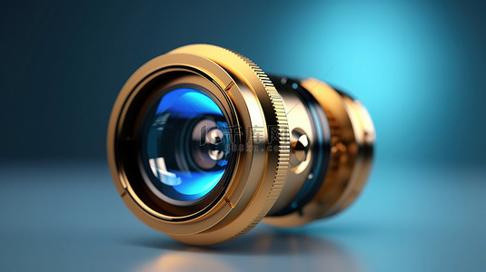 灯箱相机背景图片_带金色镜头和蓝色背景的相机的 3D 渲染
