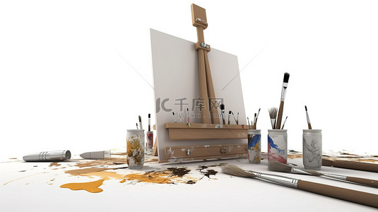 艺术家的视觉 3D 插图画架画笔和白色背景上的创造力