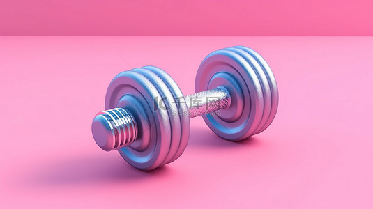 粉红色背景与双色调风格蓝铁哑铃重量 3D 渲染健身概念