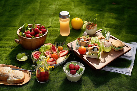 沙拉背景图片_水果蔬菜和沙拉配面包在草地上野餐
