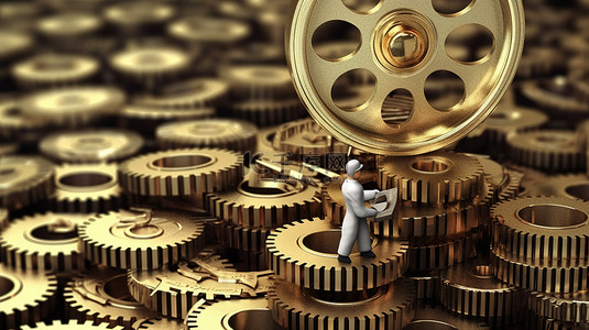 金钱和机械的协同作用 3D 渲染工人在美元和齿轮中的表现
