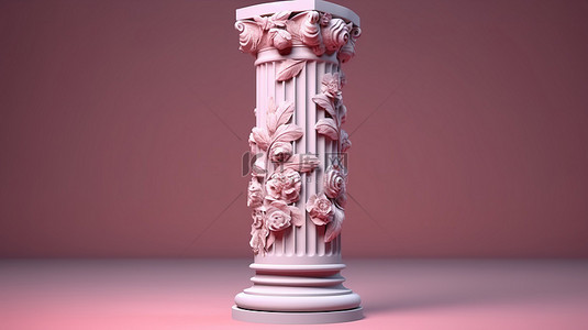 博物馆雕塑背景图片_带有古柱和玫瑰背景的独立博物馆基座上石像的 3D 渲染