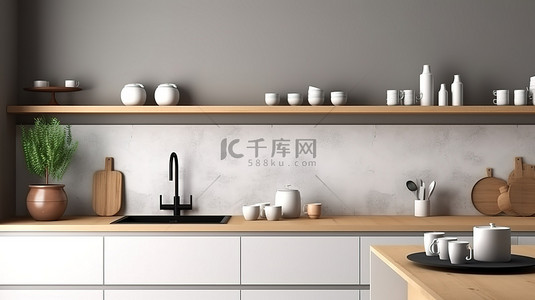 黑色房间背景图片_显示模型海报的现代厨房 3D 渲染