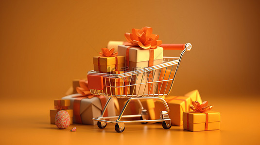 礼品背景背景图片_购物车和钱包中礼品盒在线购物的 3D 概念图渲染