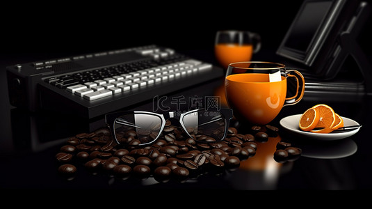 创意办公背景图片_3d 光滑黑色表面上的三个办公必需品咖啡键盘和眼镜