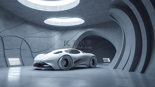 未来派建筑背景图片_在 3D 渲染中展示带有混凝土地板的未来派建筑