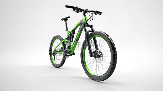 白色背景下绿色山地自行车的 3D 渲染