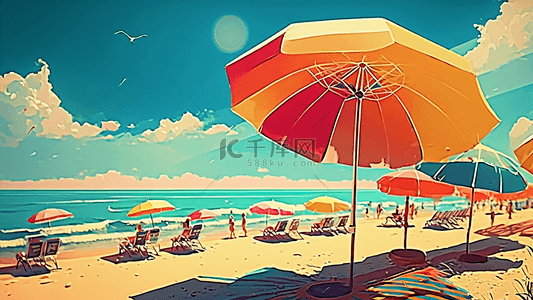 彩色背景海边背景图片_夏天海滩遮阳伞插画背景