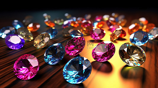 聚光灯下闪闪发光的五彩钻石簇以 3D 渲染