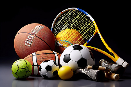 球赛背景图片_一组其他体育用品，包括篮球拍网球拍和排球