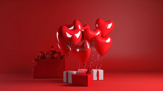 情人节花束背景图片_红色背景与 3d 心形气球花束礼盒手提袋和空领奖台
