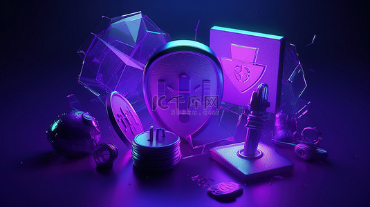 紫色的图标背景图片_紫色的盾牌图标符号包，描述 3D 渲染中的数据安全和保护