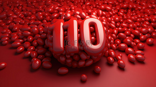 红色纹理背景与 100k 气球文本效果令人惊叹的 3d 渲染