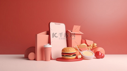 卡通风格手机的插图，带有订单按钮和食物，非常适合在线食品配送 3D 渲染的商业概念，具有复制空间背景