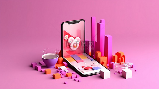 粉红色背景的 3D 渲染，通过分析图表和图表说明智能手机技术与不断增长的业务战略的交集