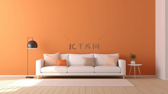桌沙发茶几背景图片_简约的起居空间沙发和边桌位于整洁的房间内，配有浅橙色墙壁和白色木地板 3D 渲染